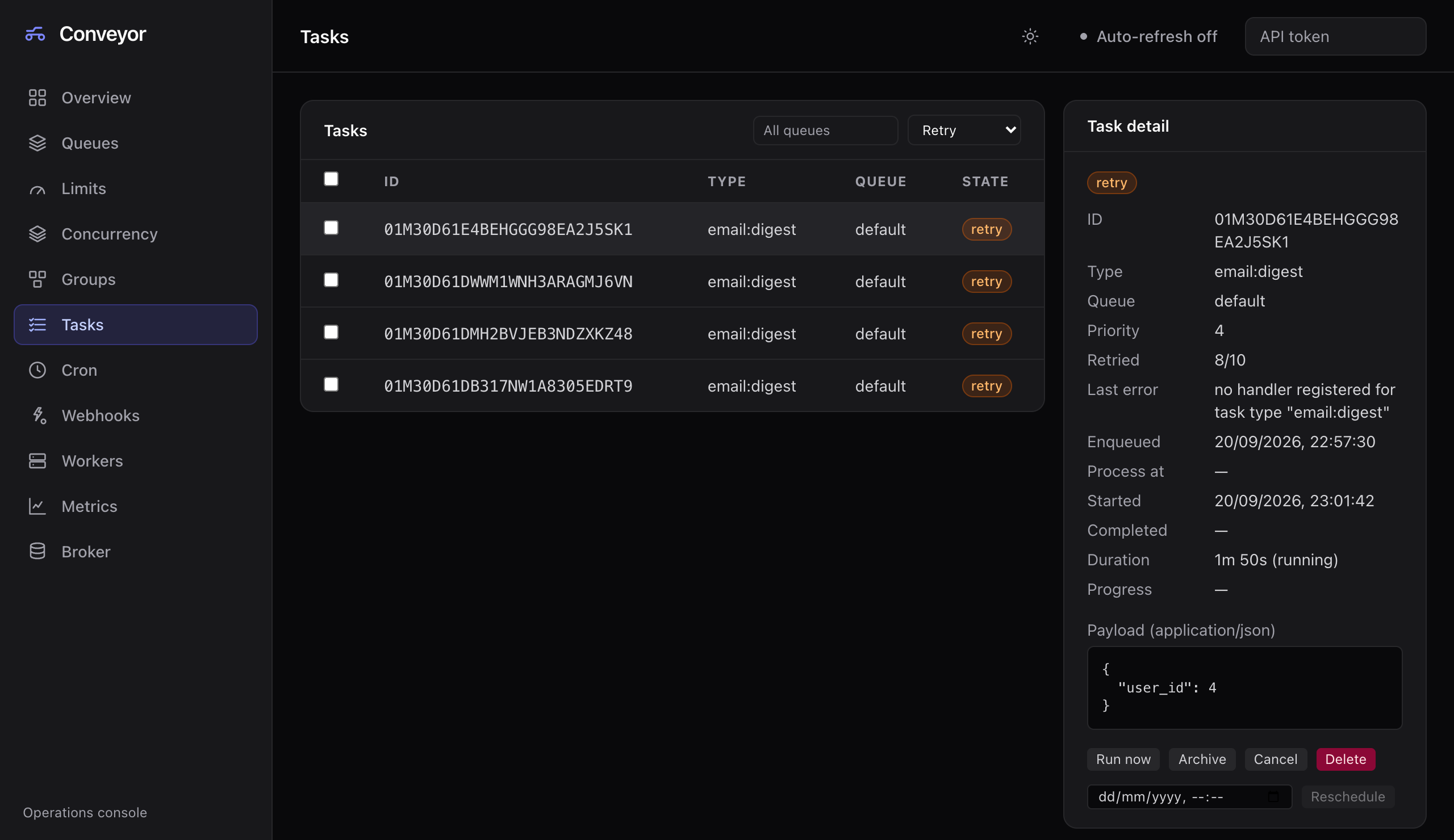 The Tasks view filtered to retry tasks, with one task's detail panel open: its retry count, last error, timestamps, payload, and the actions its state allows